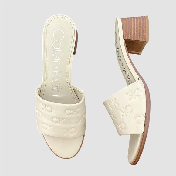 Calvin Klein CK Signature Print Nude Cream Heeled Open Toe Mules / Sandals US 8 - Picture 1 of 7